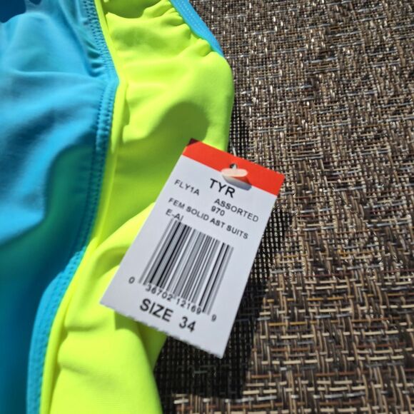 TYR Women's Neon Yellow/blue Splice Diamondfit Swimsuit Grab Bag Suit Sz 34 NEW - Picture 3 of 4